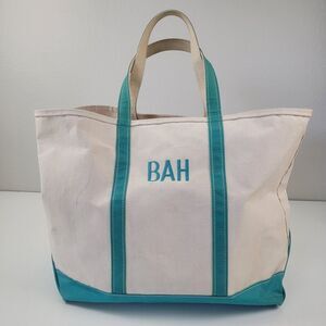 Vintage L.L. Bean Boat & Tote Canvas Blue Green Cream Bag Large Top Handle